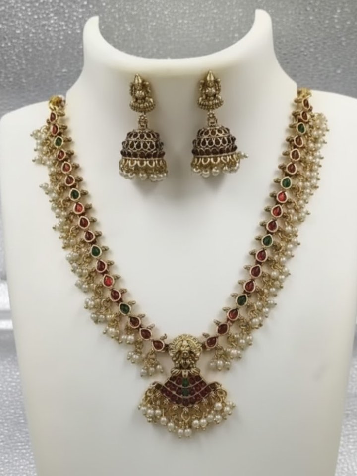 Antique Gold Finish Temple Necklace Set with Pearls & Jhumkas