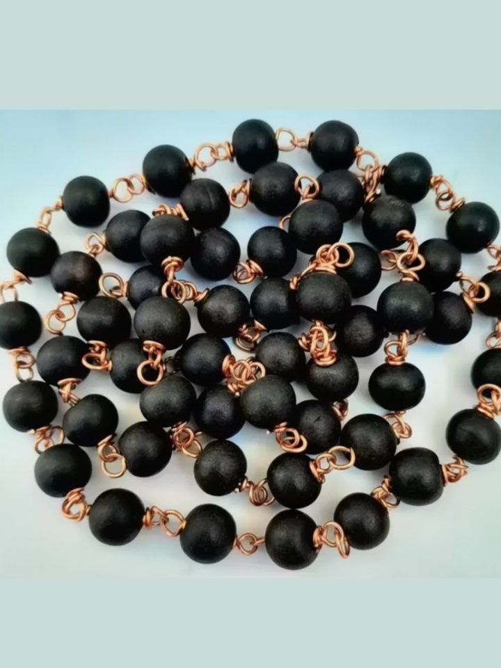 Black Wood Bead Mala with Copper Wire - Handmade Prayer Rosary