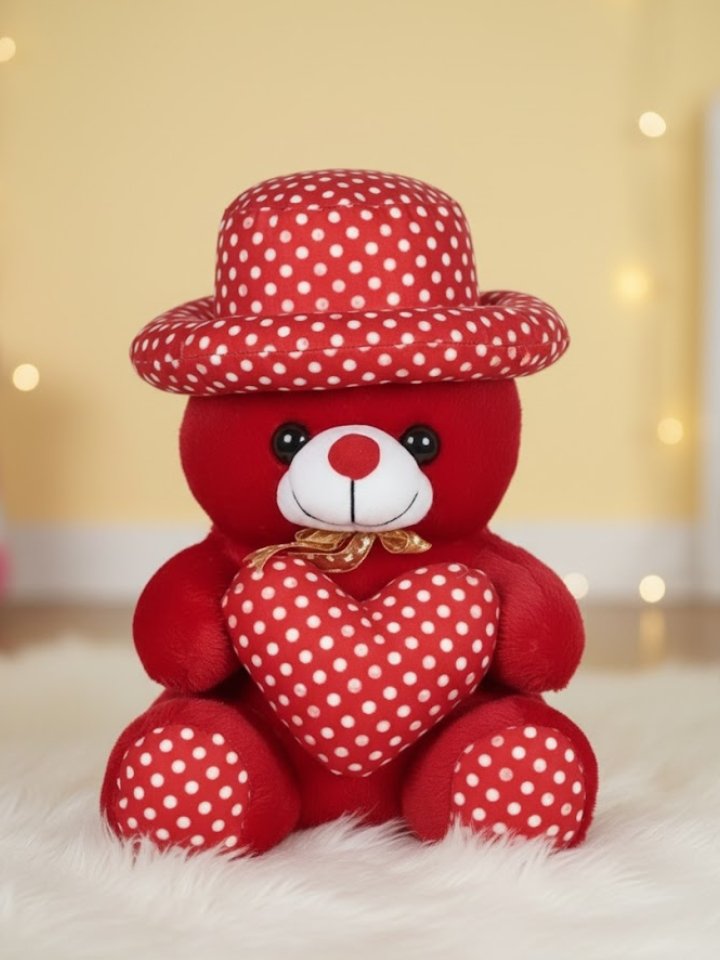Red Teddy Bear with Polka Dot Heart & Hat