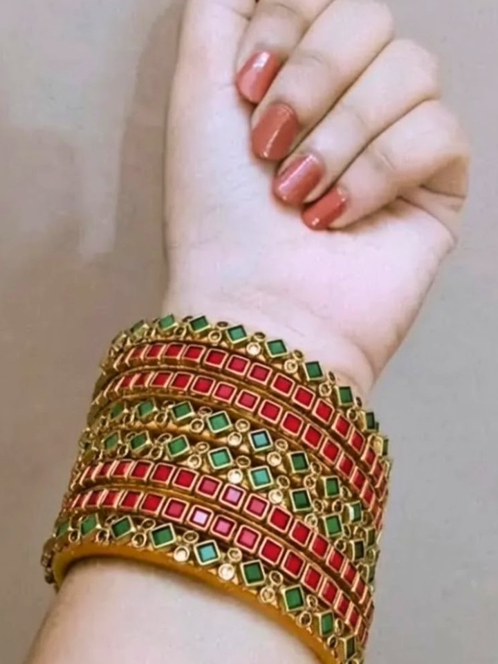 Ruby & Emerald Gold-Plated Broad Bangle Set - Traditional Indian Kada