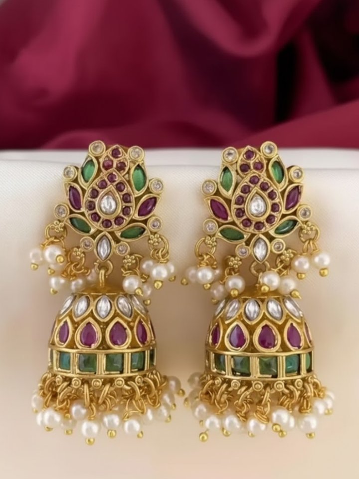 Temple Jewelry Gold Plated Jhumkas with Kundan, Ruby & Emerald Stones